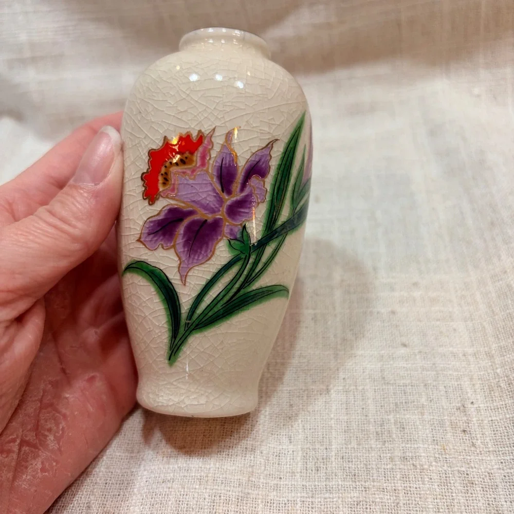 Homco Japan Vintage Satsuma Style Floral Bud‎ Vase Crackle Glaze Gold Rim 4 Inch